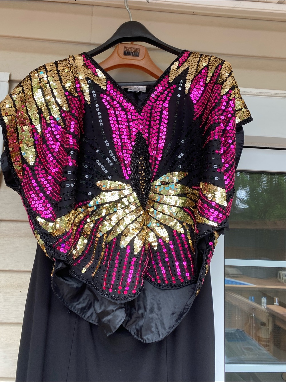 Vintage Black Sequined V-Neck Top Gold and Fuchsia Sequin Motif butterfly